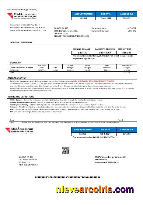 USA Iowa MidAmerican Energy Services business utility bill